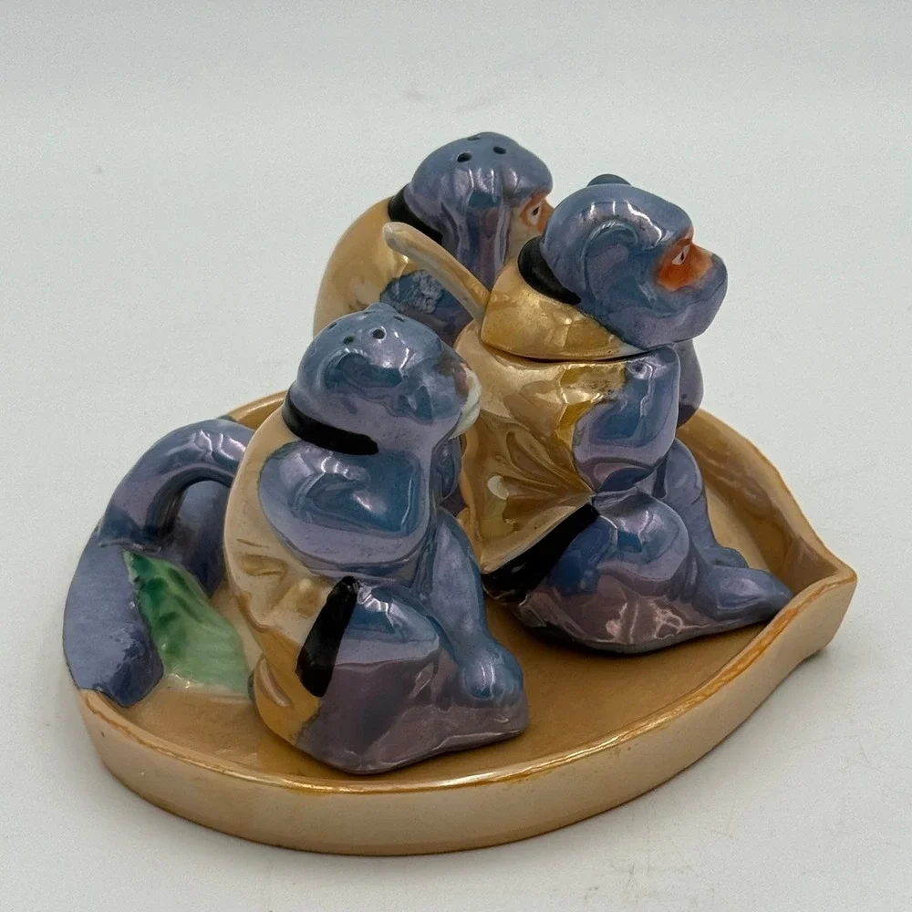 Vintage Three Wise Monkeys Lusterware Salt Pepper Mustard Set Japan Blue Gold